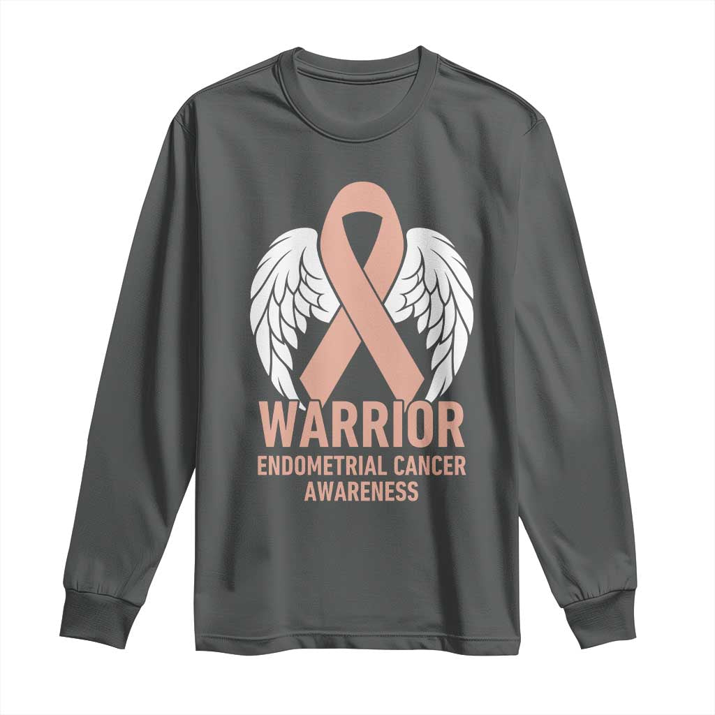 Endometrial Cancer Warrior Long Sleeve Shirt Peach Ribbon Angel Wings Support TS12 Dark Heather Print Your Wear