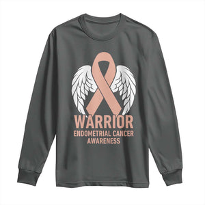 Endometrial Cancer Warrior Long Sleeve Shirt Peach Ribbon Angel Wings Support TS12 Dark Heather Print Your Wear
