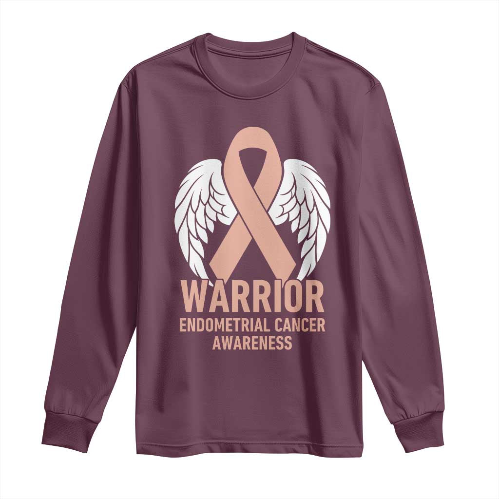Endometrial Cancer Warrior Long Sleeve Shirt Peach Ribbon Angel Wings Support TS12 Maroon Print Your Wear