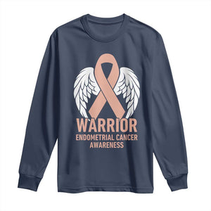 Endometrial Cancer Warrior Long Sleeve Shirt Peach Ribbon Angel Wings Support TS12 Navy Print Your Wear