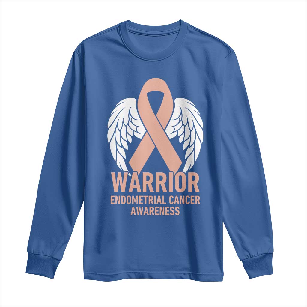Endometrial Cancer Warrior Long Sleeve Shirt Peach Ribbon Angel Wings Support TS12 Royal Blue Print Your Wear