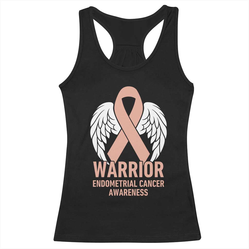 Endometrial Cancer Warrior Racerback Tank Top Peach Ribbon Angel Wings Support TS12 Black Print Your Wear