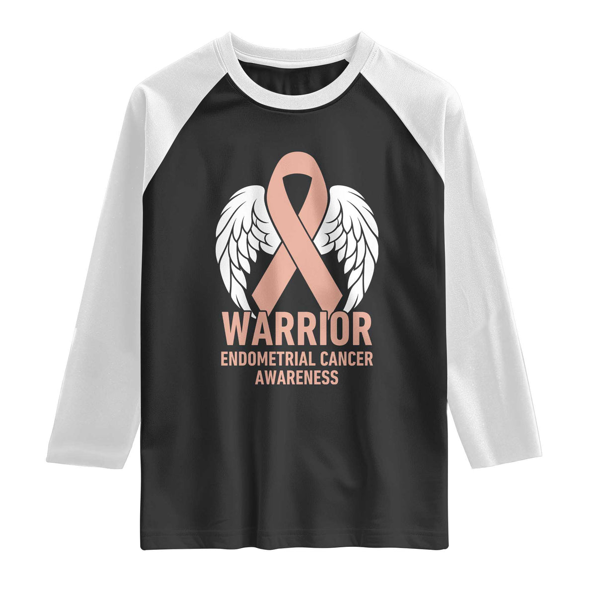 Endometrial Cancer Warrior Raglan Shirt Peach Ribbon Angel Wings Support TS12 Black White Print Your Wear