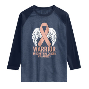 Endometrial Cancer Warrior Raglan Shirt Peach Ribbon Angel Wings Support TS12 Heather Denim Navy Print Your Wear