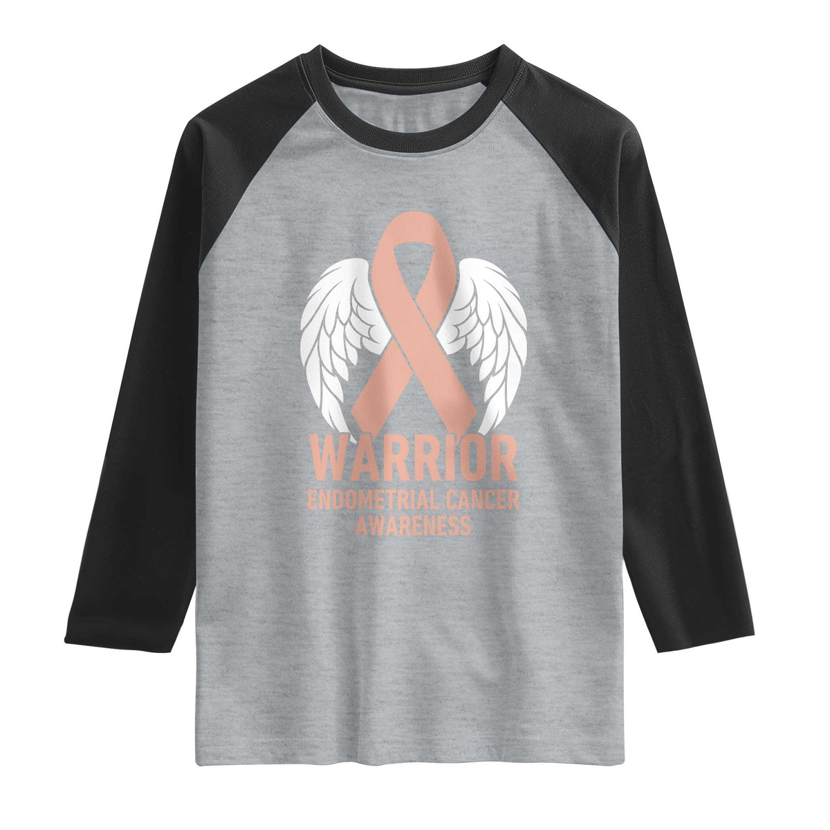 Endometrial Cancer Warrior Raglan Shirt Peach Ribbon Angel Wings Support TS12 Heather Gray Black Print Your Wear