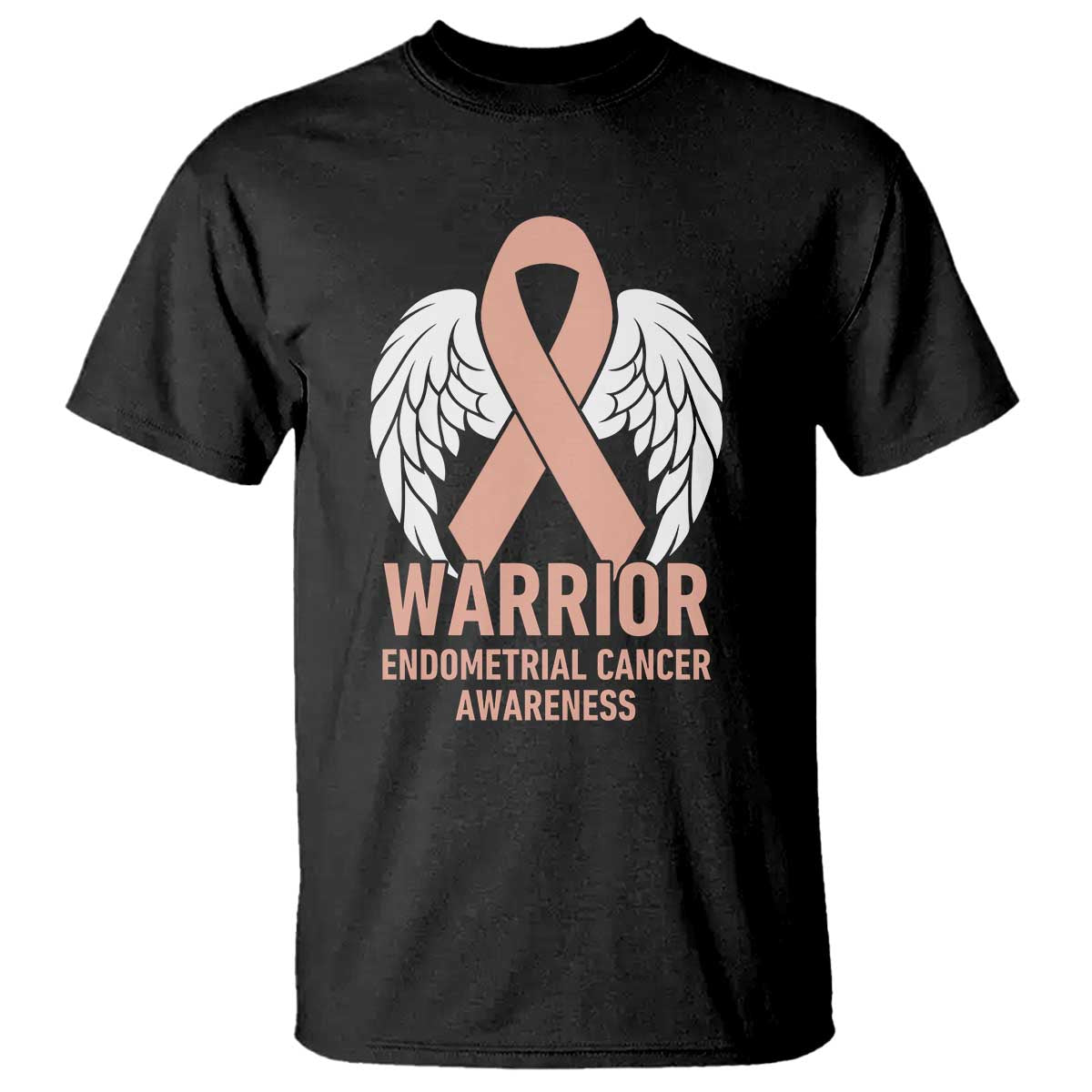 Endometrial Cancer Warrior T Shirt Peach Ribbon Angel Wings Support TS12 Black Print Your Wear
