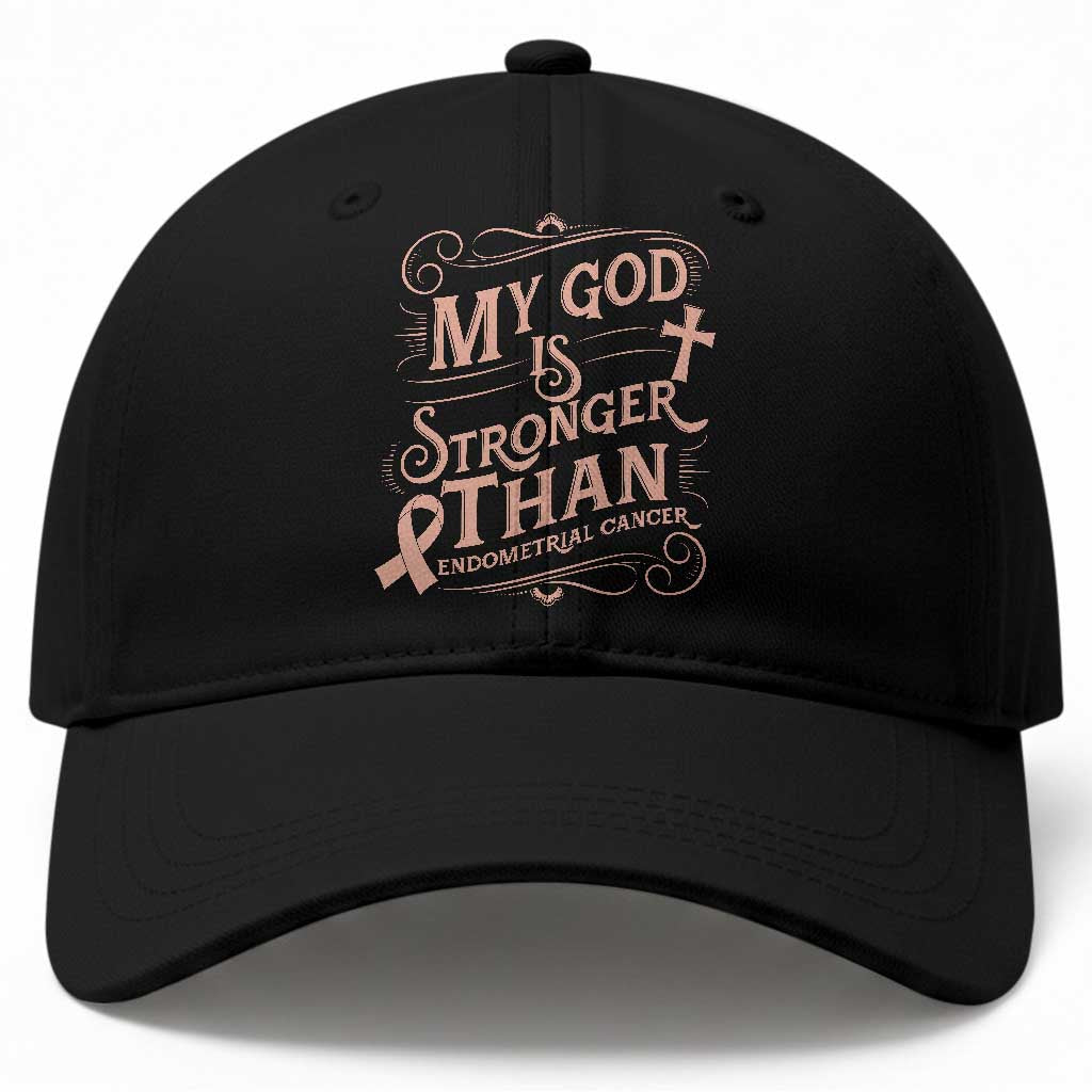 Christian Faith Peach Ribbon Baseball Cap My God Is Stronger Than Endometrial Cancer TS12 Print Your Wear