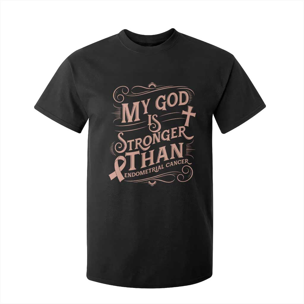Christian Faith Peach Ribbon T Shirt For Kid My God Is Stronger Than Endometrial Cancer TS12 Black Print Your Wear