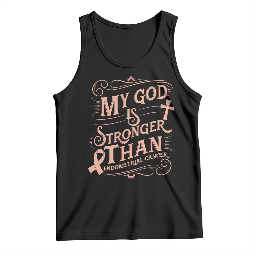Christian Faith Peach Ribbon Tank Top My God Is Stronger Than Endometrial Cancer TS12 Black Print Your Wear