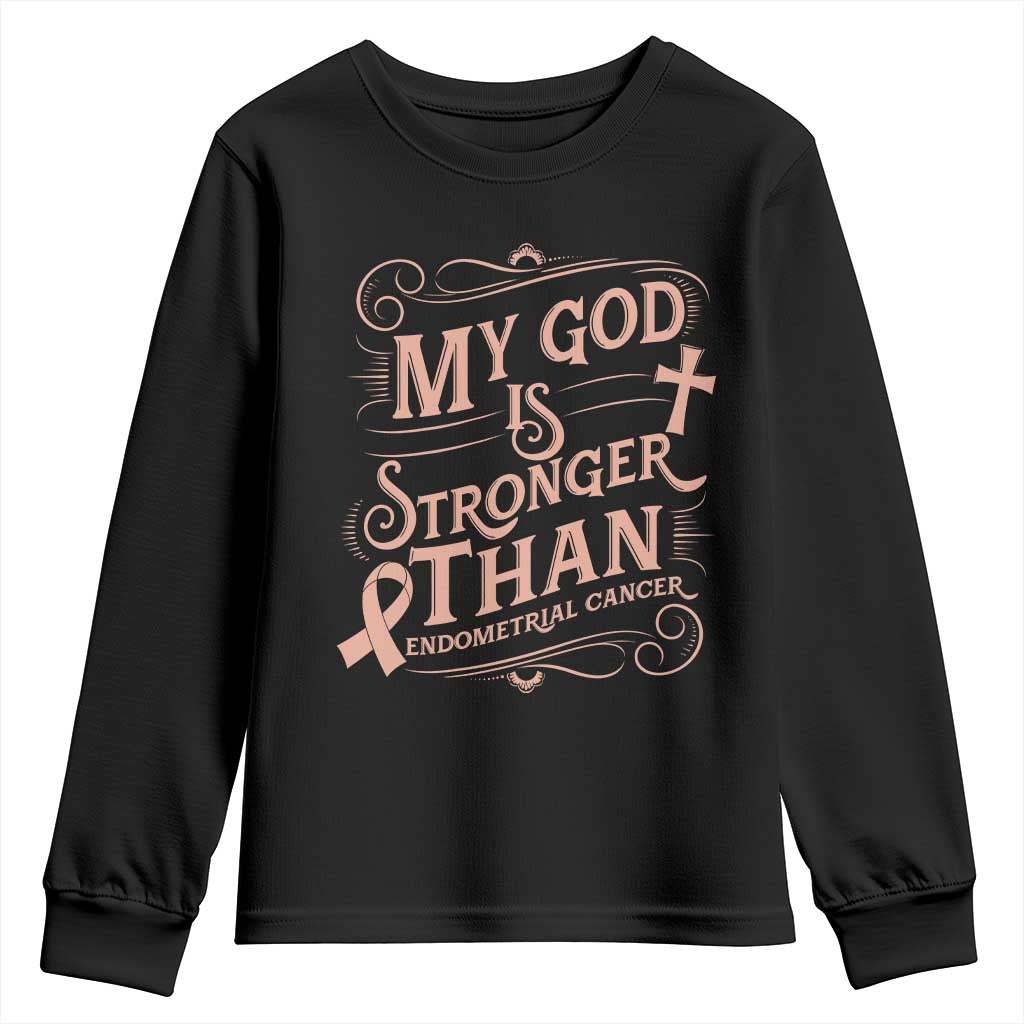 Christian Faith Peach Ribbon Youth Sweatshirt My God Is Stronger Than Endometrial Cancer TS12 Black Print Your Wear