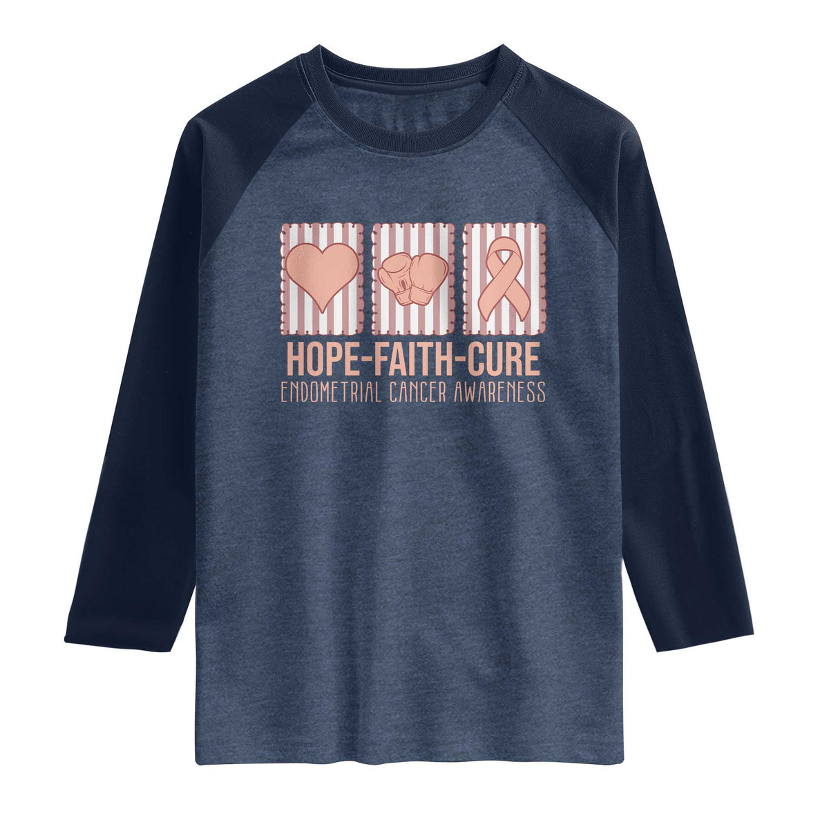 Endometrial Cancer Awareness Raglan Shirt Hope Faith Cure Peach Ribbon TS12 Heather Denim Navy Print Your Wear