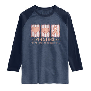 Endometrial Cancer Awareness Raglan Shirt Hope Faith Cure Peach Ribbon TS12 Heather Denim Navy Print Your Wear