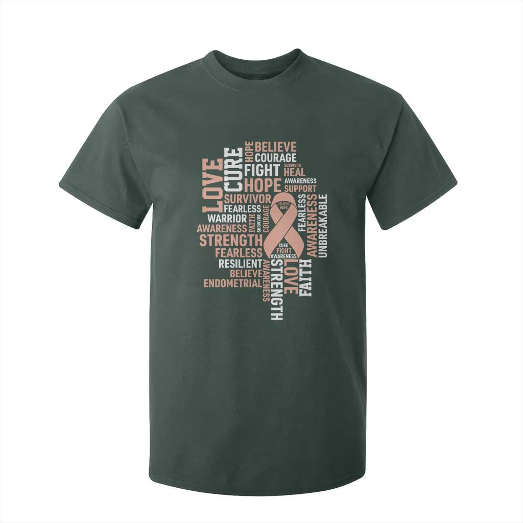 Endometrial Cancer Awareness T Shirt For Kid Warrior Survivor Peach Ribbon TS12 Dark Forest Green Print Your Wear