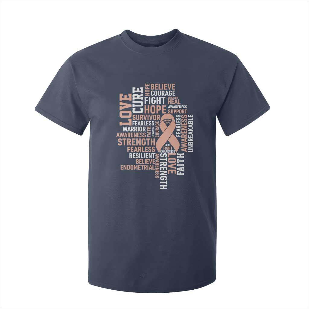 Endometrial Cancer Awareness T Shirt For Kid Warrior Survivor Peach Ribbon TS12 Navy Print Your Wear