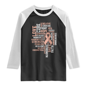 Endometrial Cancer Awareness Raglan Shirt Warrior Survivor Peach Ribbon TS12 Black White Print Your Wear