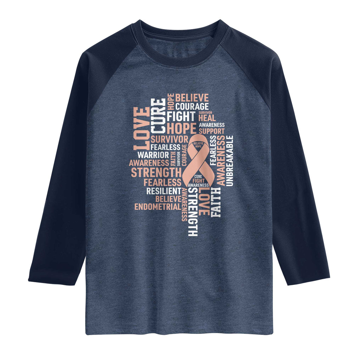 Endometrial Cancer Awareness Raglan Shirt Warrior Survivor Peach Ribbon TS12 Heather Denim Navy Print Your Wear