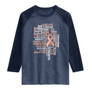 Endometrial Cancer Awareness Raglan Shirt Warrior Survivor Peach Ribbon TS12 Heather Denim Navy Print Your Wear
