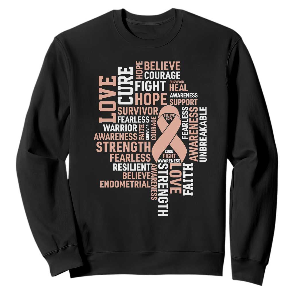 Endometrial Cancer Awareness Sweatshirt Warrior Survivor Peach Ribbon TS12 Black Print Your Wear