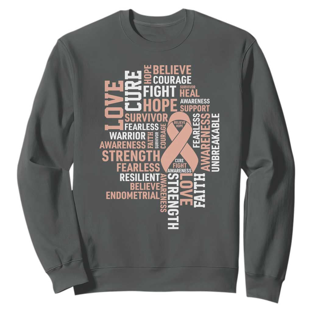 Endometrial Cancer Awareness Sweatshirt Warrior Survivor Peach Ribbon TS12 Dark Heather Print Your Wear