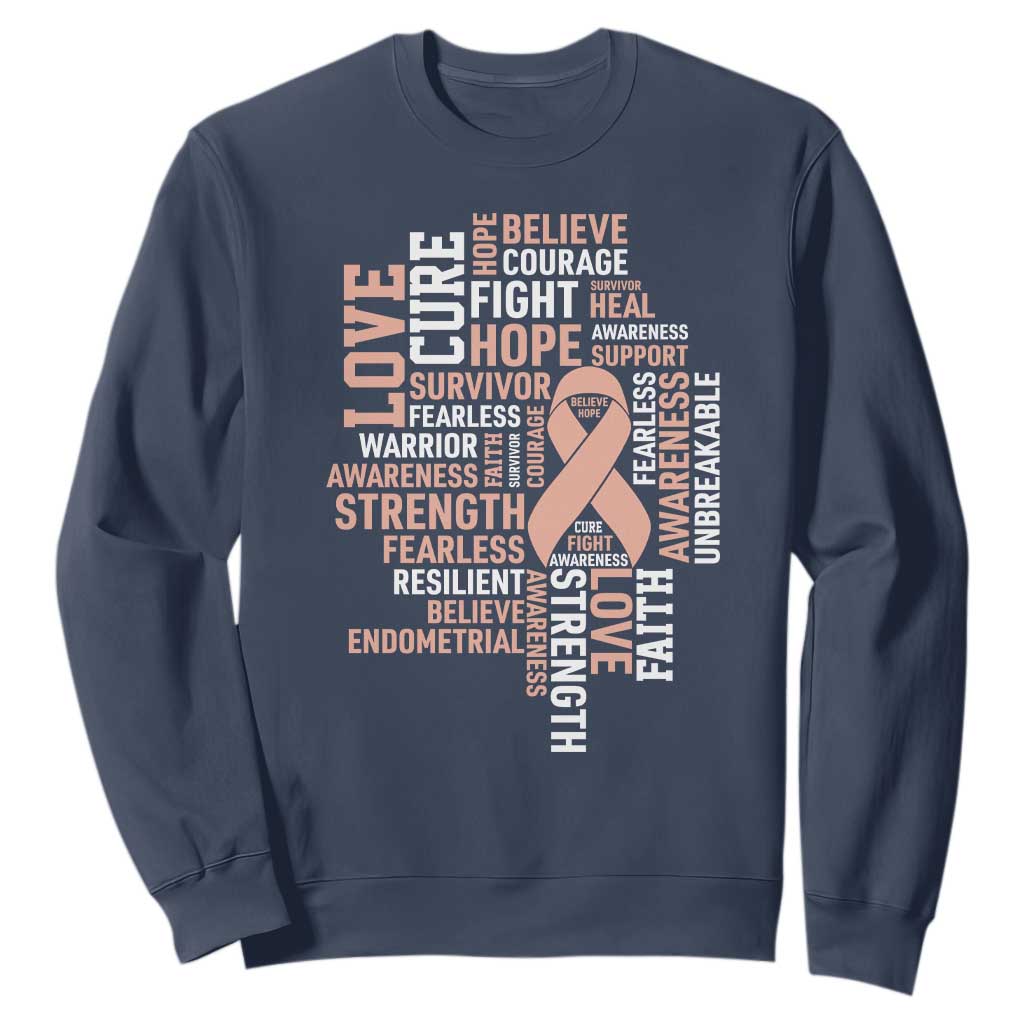 Endometrial Cancer Awareness Sweatshirt Warrior Survivor Peach Ribbon TS12 Navy Print Your Wear