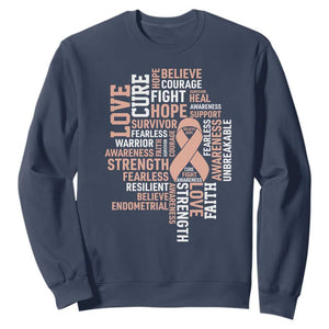 Endometrial Cancer Awareness Sweatshirt Warrior Survivor Peach Ribbon TS12 Navy Print Your Wear
