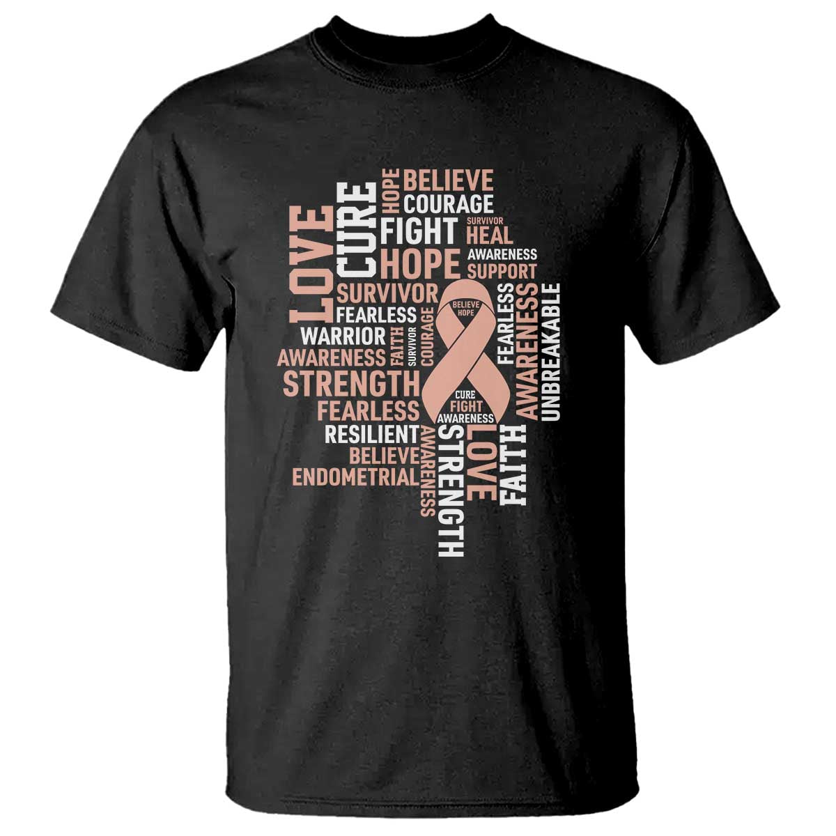 Endometrial Cancer Awareness T Shirt Warrior Survivor Peach Ribbon TS12 Black Print Your Wear