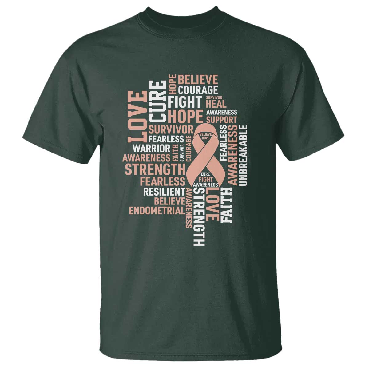 Endometrial Cancer Awareness T Shirt Warrior Survivor Peach Ribbon TS12 Dark Forest Green Print Your Wear