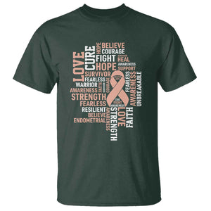 Endometrial Cancer Awareness T Shirt Warrior Survivor Peach Ribbon TS12 Dark Forest Green Print Your Wear