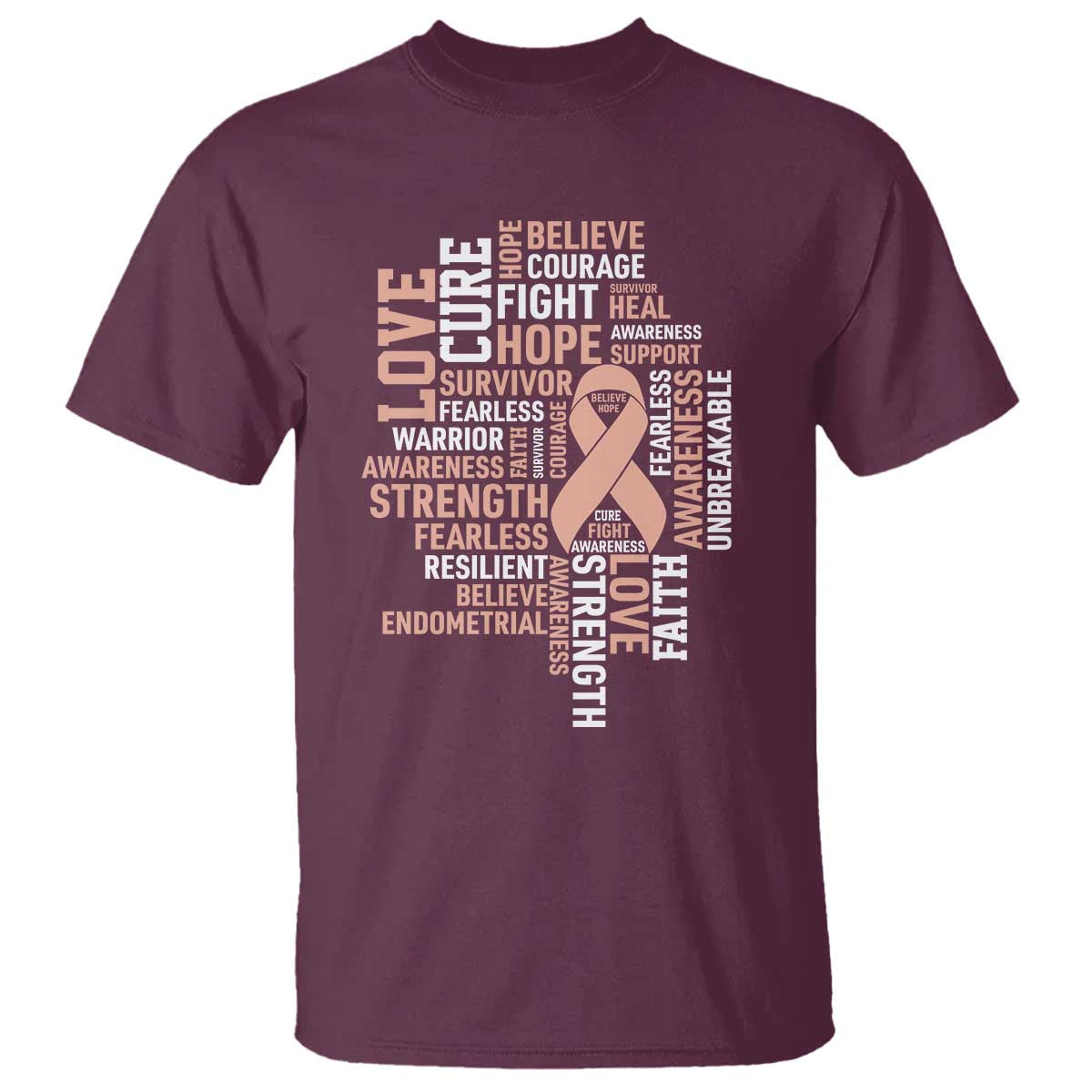 Endometrial Cancer Awareness T Shirt Warrior Survivor Peach Ribbon TS12 Maroon Print Your Wear