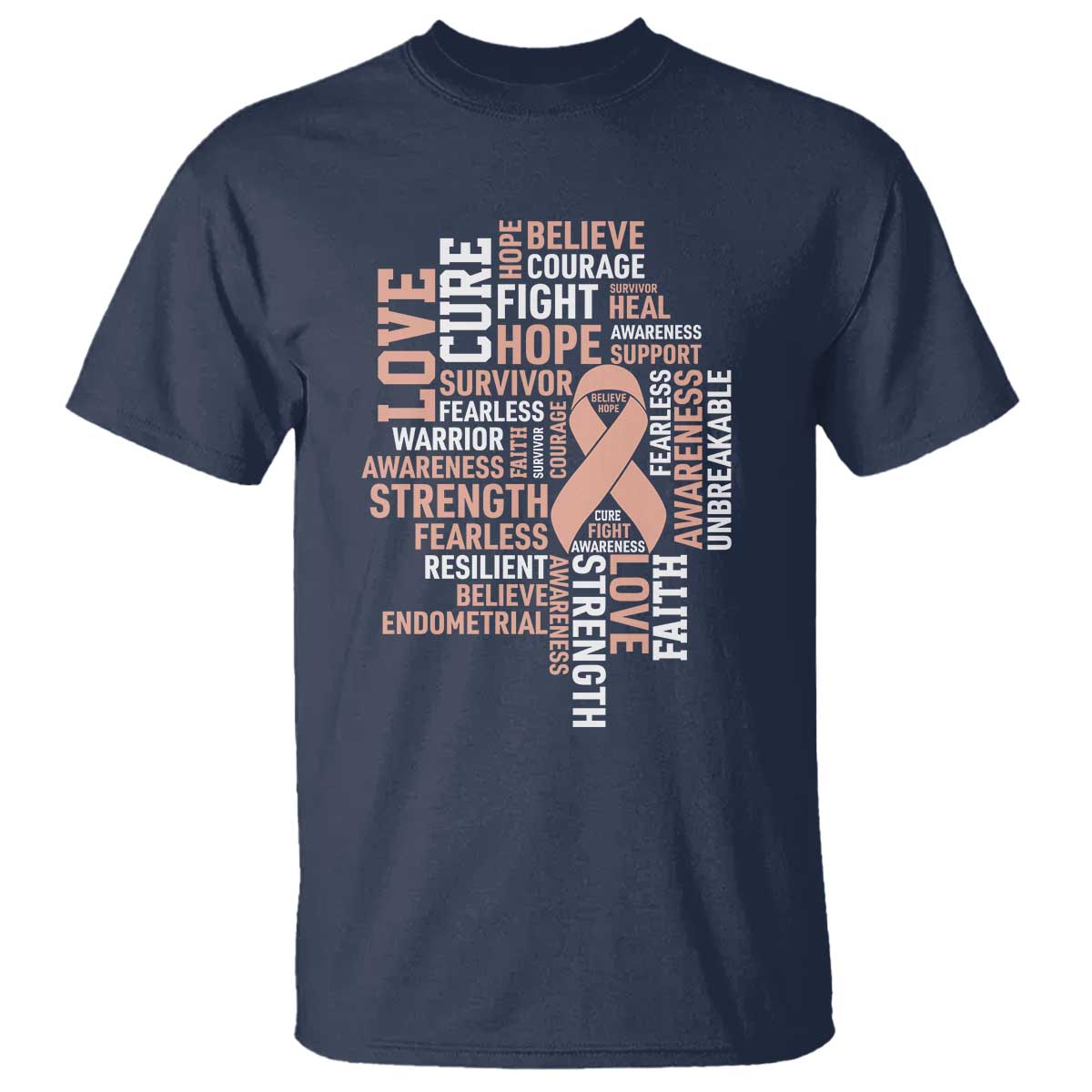 Endometrial Cancer Awareness T Shirt Warrior Survivor Peach Ribbon TS12 Navy Print Your Wear