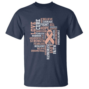 Endometrial Cancer Awareness T Shirt Warrior Survivor Peach Ribbon TS12 Navy Print Your Wear