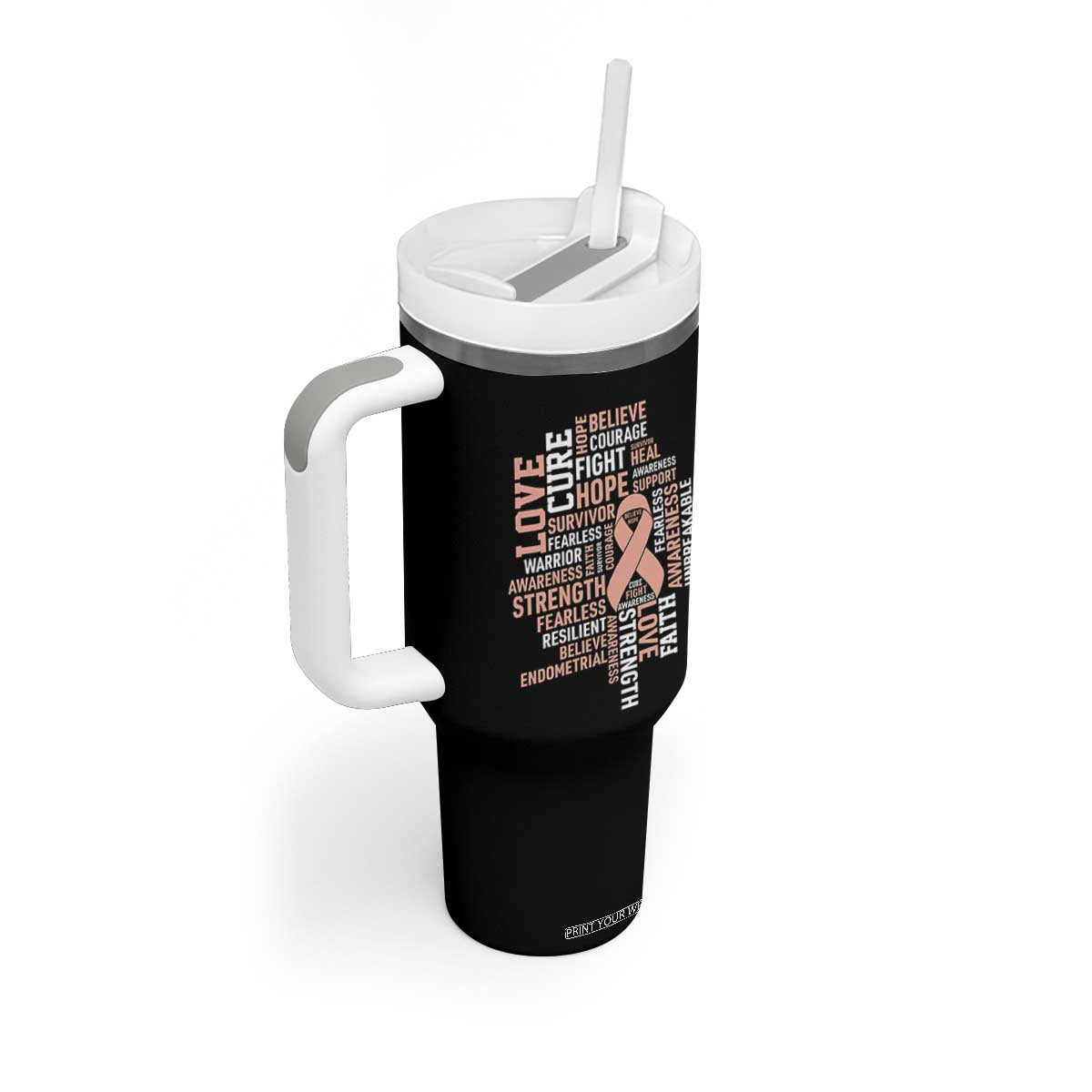 Endometrial Cancer Awareness Tumbler With Handle Warrior Survivor Peach Ribbon TS12 Print Your Wear