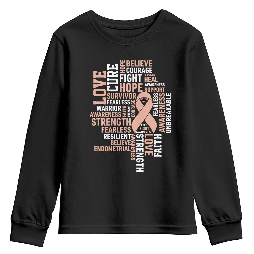 Endometrial Cancer Awareness Youth Sweatshirt Warrior Survivor Peach Ribbon TS12 Black Print Your Wear