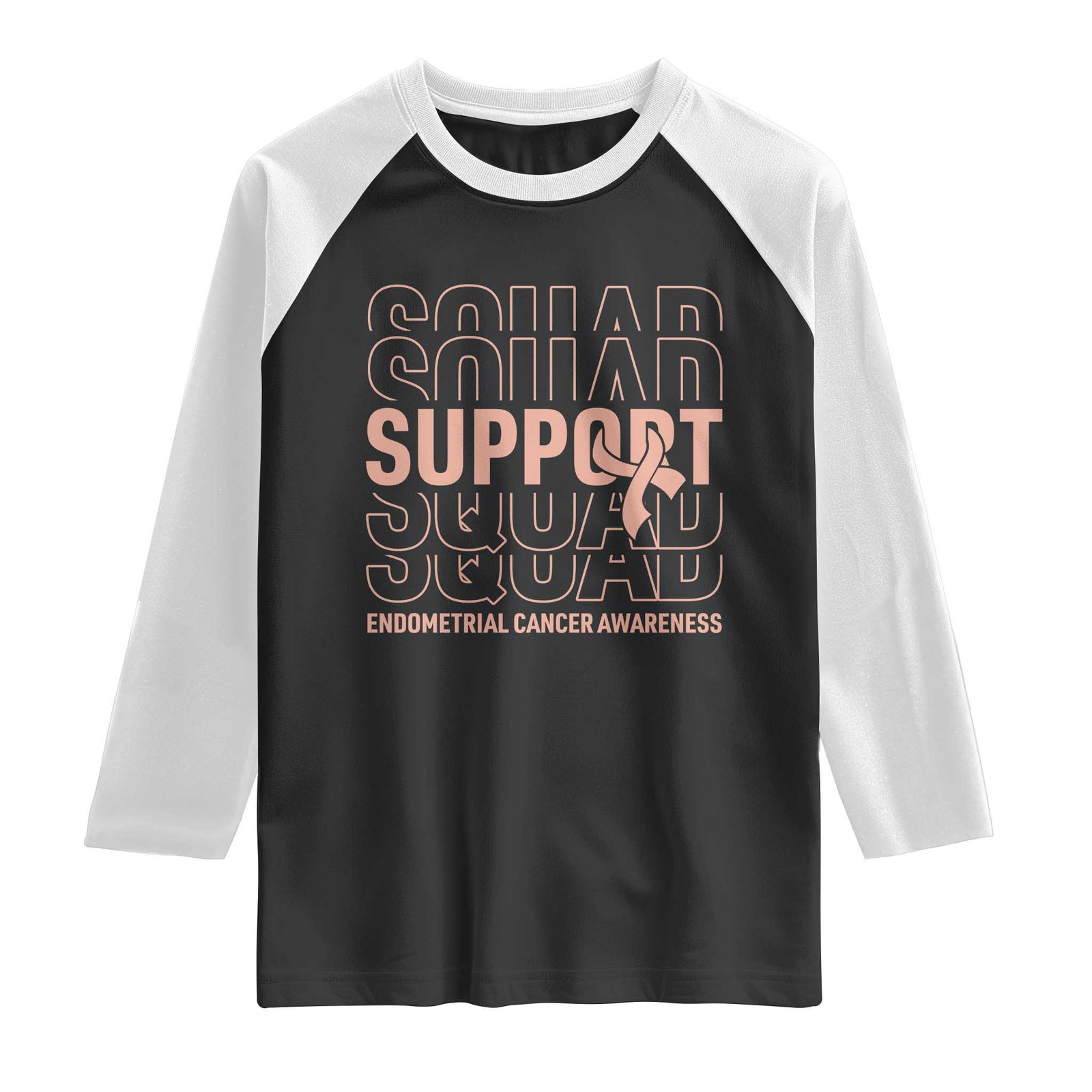 Endometrial Cancer Awareness Raglan Shirt Support Squad Ribbon Warrior TS12 Black White Print Your Wear
