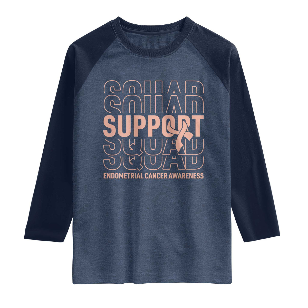 Endometrial Cancer Awareness Raglan Shirt Support Squad Ribbon Warrior TS12 Heather Denim Navy Print Your Wear