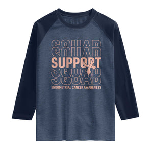 Endometrial Cancer Awareness Raglan Shirt Support Squad Ribbon Warrior TS12 Heather Denim Navy Print Your Wear