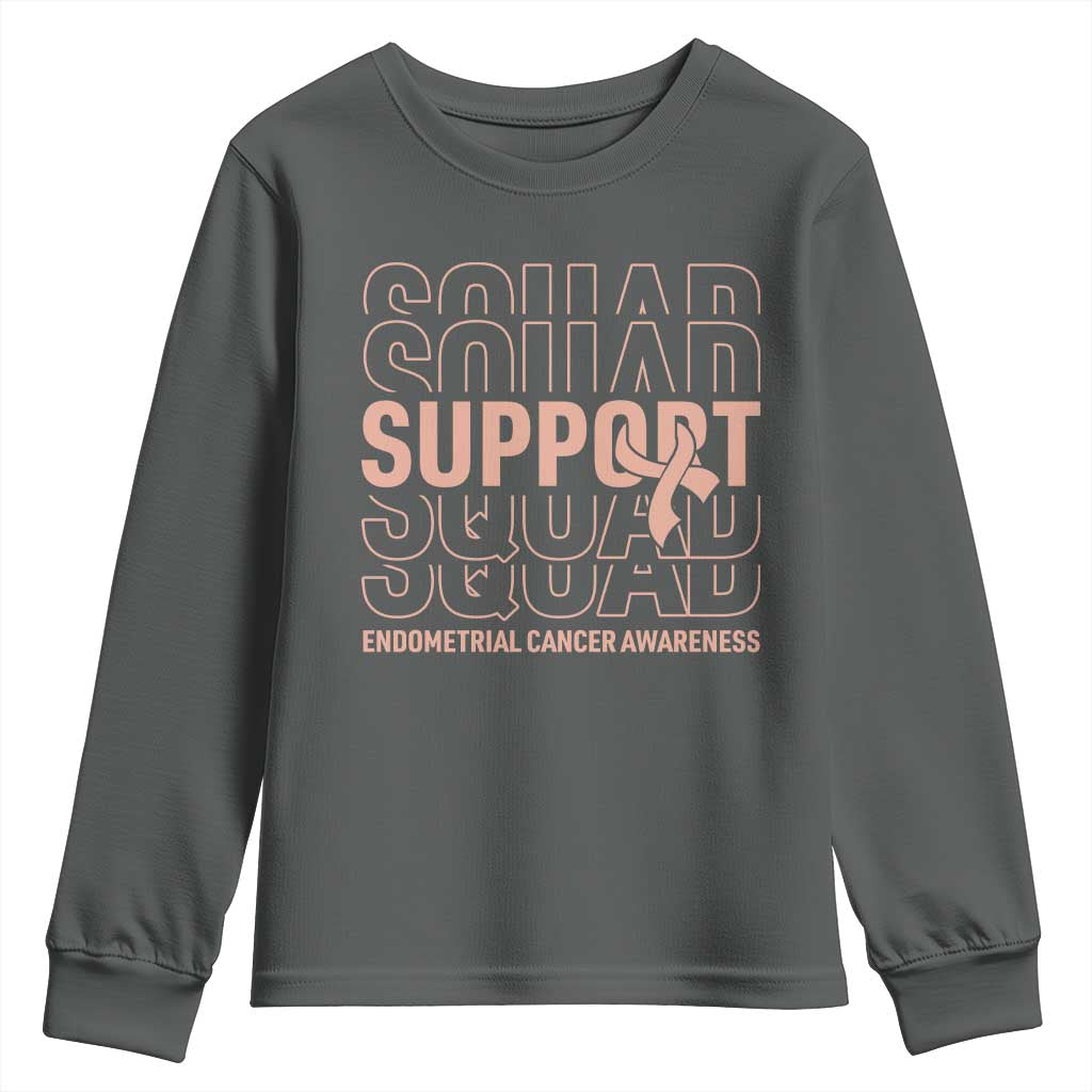 Endometrial Cancer Awareness Youth Sweatshirt Support Squad Ribbon Warrior TS12 Dark Heather Print Your Wear
