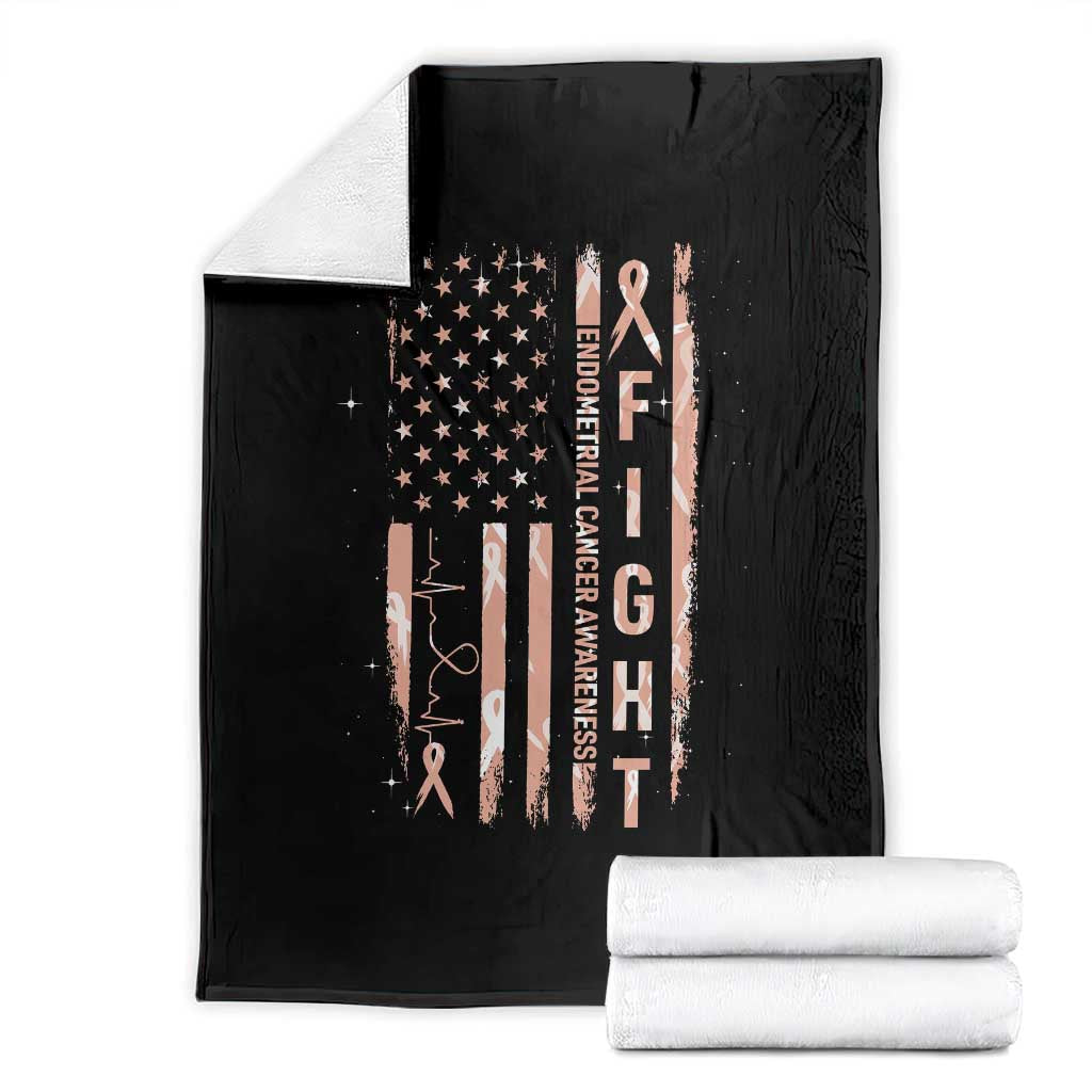 American Flag Endometrial Cancer Throw Blanket Fight Together Peach Ribbon Support Squad TS12 Black Print Your Wear