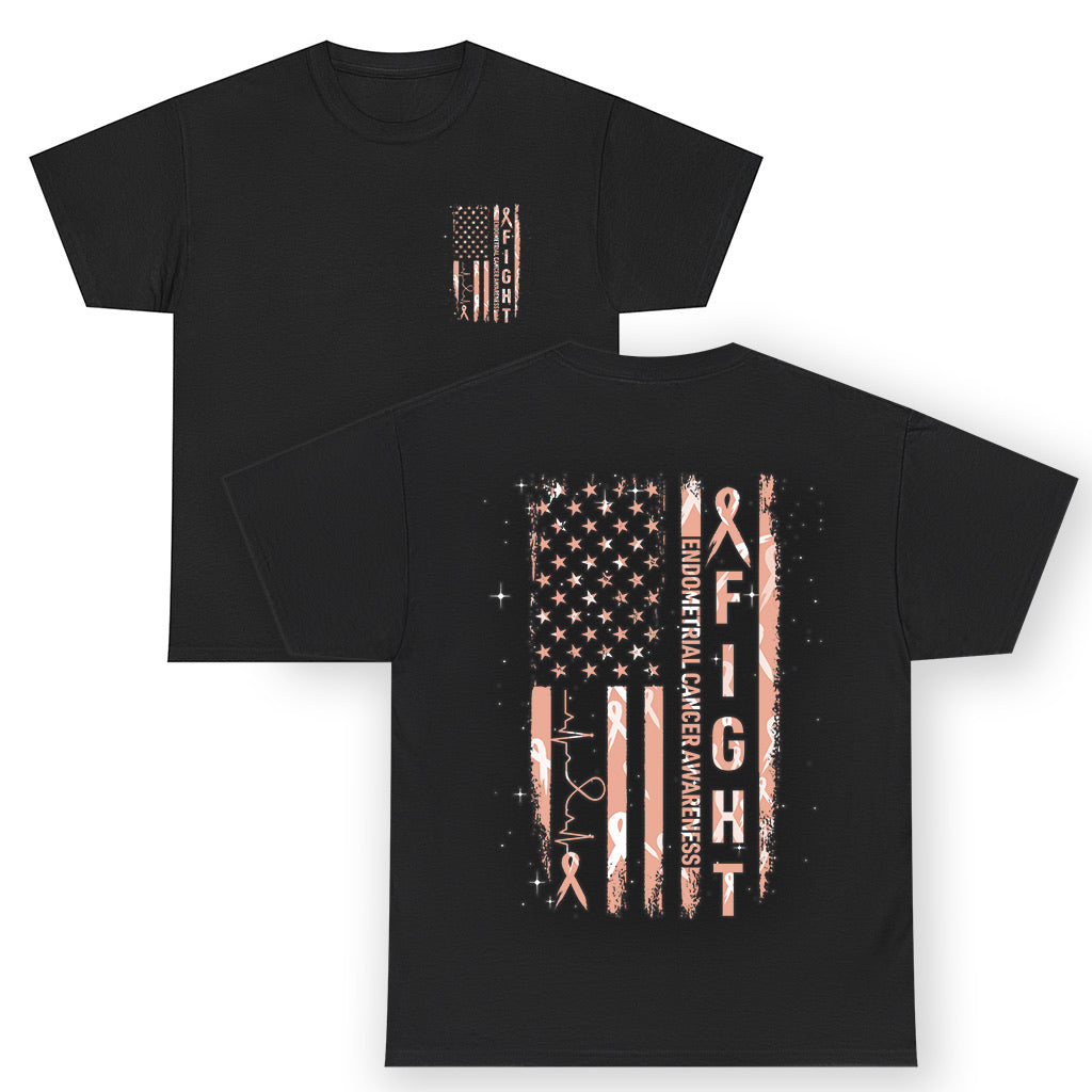 American Flag Endometrial Cancer T Shirt Fight Together Peach Ribbon Support Squad TS12 (Front & Back) Black Print Your Wear