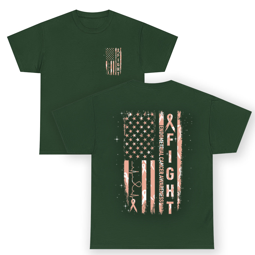 American Flag Endometrial Cancer T Shirt Fight Together Peach Ribbon Support Squad TS12 (Front & Back) Dark Forest Green Print Your Wear