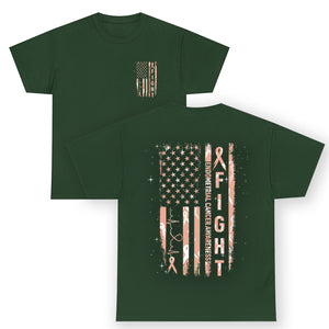 American Flag Endometrial Cancer T Shirt Fight Together Peach Ribbon Support Squad TS12 (Front & Back) Dark Forest Green Print Your Wear