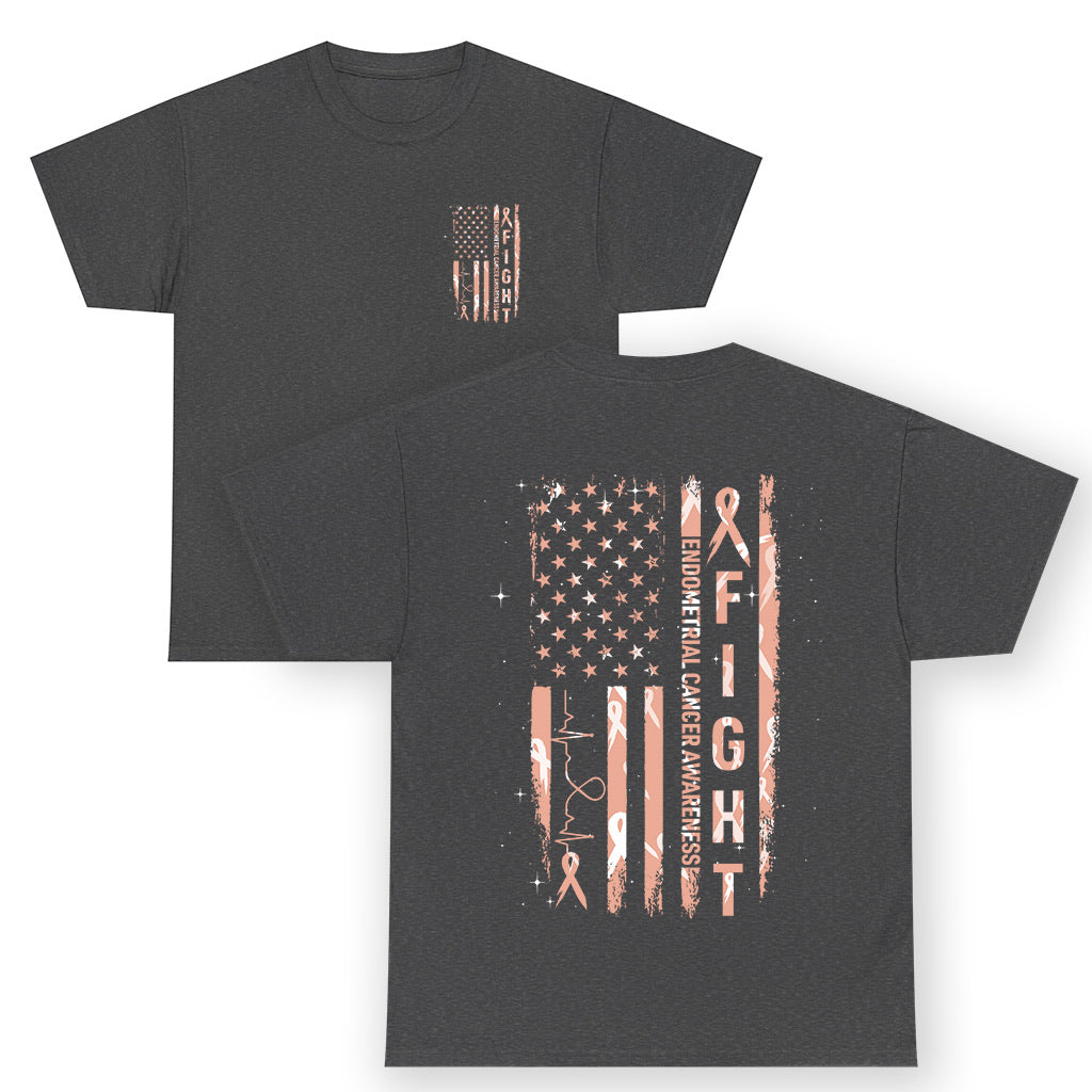 American Flag Endometrial Cancer T Shirt Fight Together Peach Ribbon Support Squad TS12 (Front & Back) Dark Heather Print Your Wear