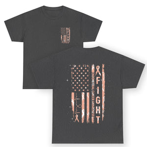 American Flag Endometrial Cancer T Shirt Fight Together Peach Ribbon Support Squad TS12 (Front & Back) Dark Heather Print Your Wear