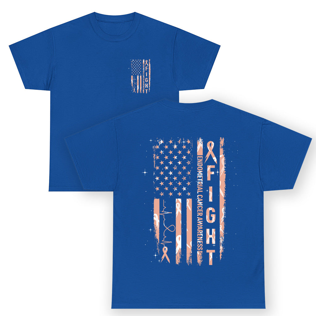 American Flag Endometrial Cancer T Shirt Fight Together Peach Ribbon Support Squad TS12 (Front & Back) Royal Blue Print Your Wear