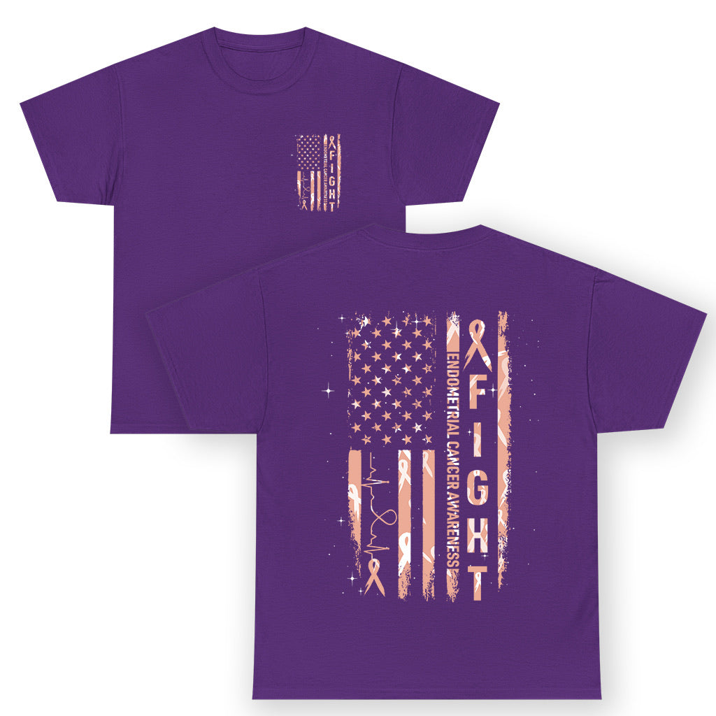 American Flag Endometrial Cancer T Shirt Fight Together Peach Ribbon Support Squad TS12 (Front & Back) Purple Print Your Wear