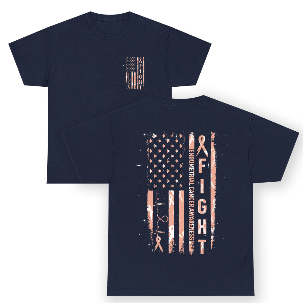 American Flag Endometrial Cancer T Shirt Fight Together Peach Ribbon Support Squad TS12 (Front & Back) Navy Print Your Wear