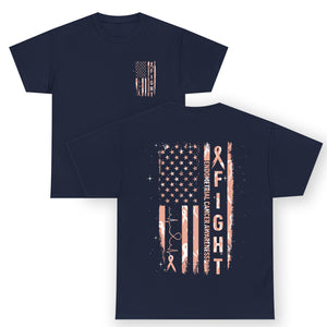 American Flag Endometrial Cancer T Shirt Fight Together Peach Ribbon Support Squad TS12 (Front & Back) Navy Print Your Wear
