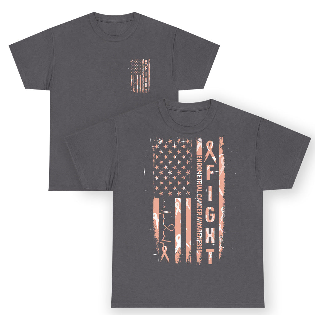 American Flag Endometrial Cancer T Shirt Fight Together Peach Ribbon Support Squad TS12 (Front & Back) Charcoal Print Your Wear