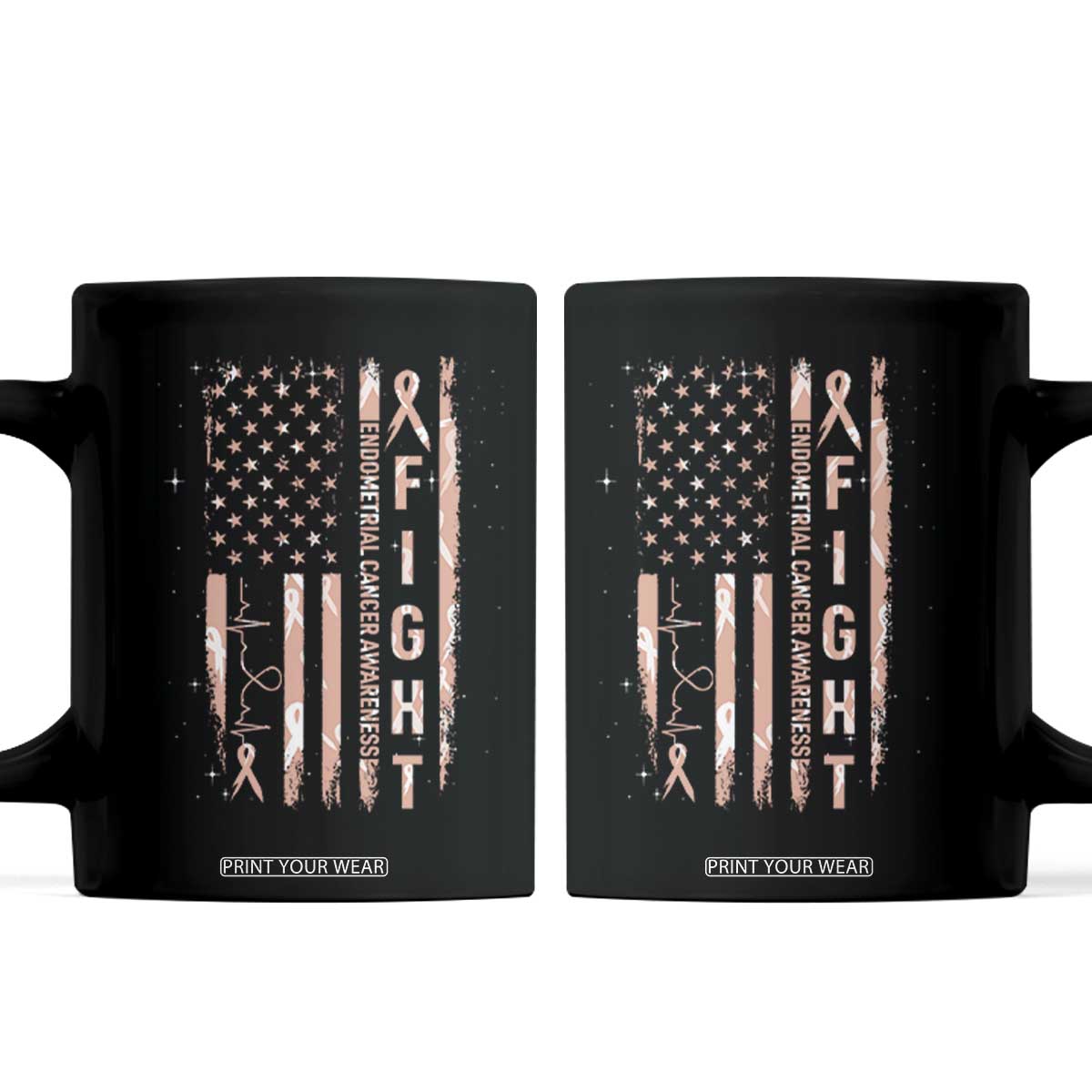 American Flag Endometrial Cancer Coffee Mug Fight Together Peach Ribbon Support Squad TS12 Black Print Your Wear