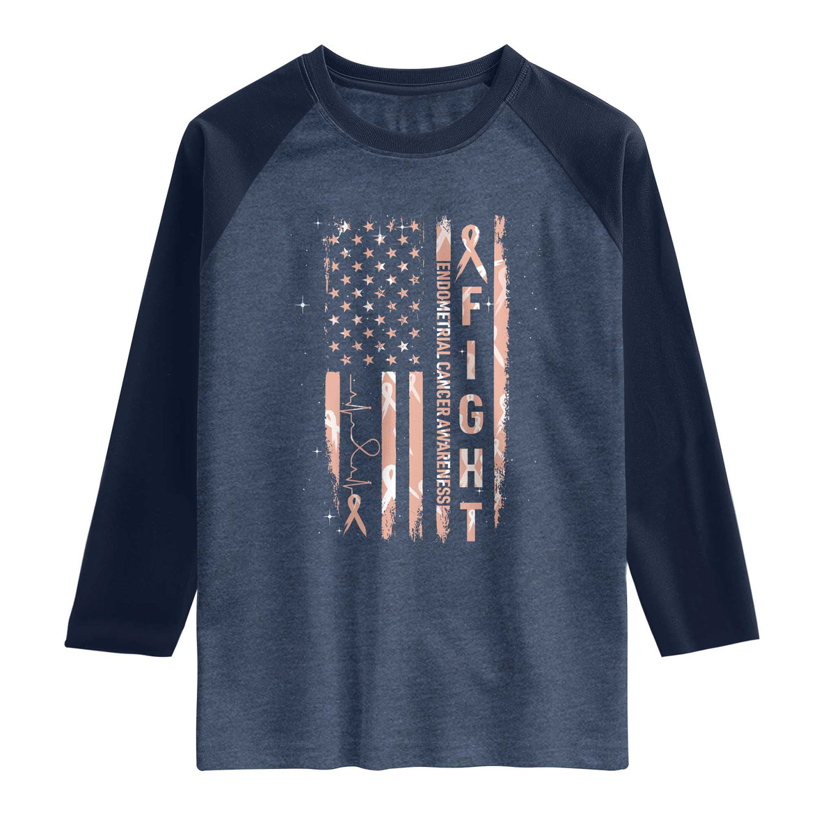 American Flag Endometrial Cancer Raglan Shirt Fight Together Peach Ribbon Support Squad TS12 Heather Denim Navy Print Your Wear